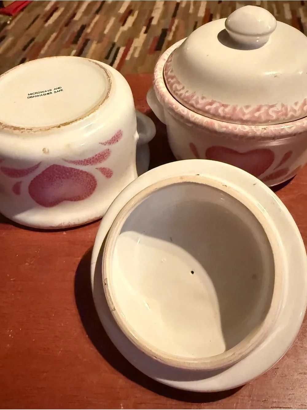 Vintage 5'' Crocks With Lids Pink Country Heart Design Set Of 2